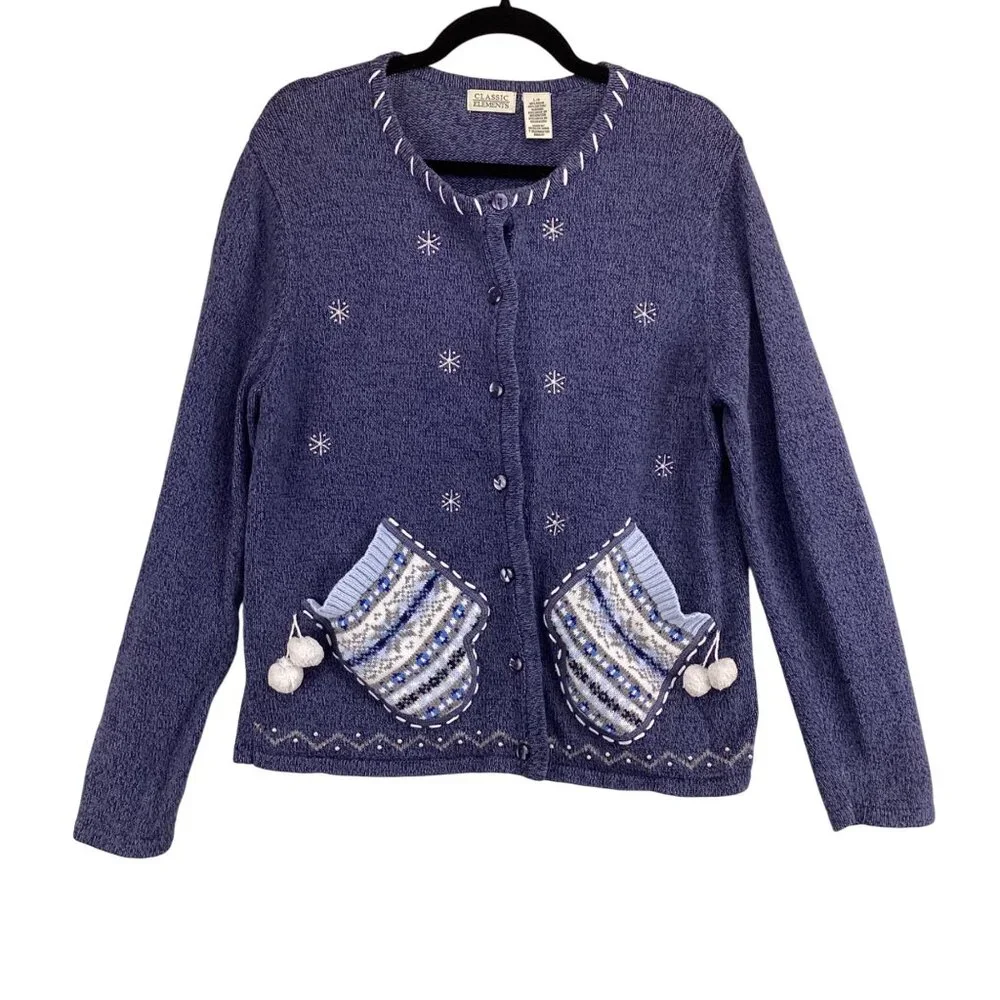 Classic‎ Elements Christmas Holiday Winter Cardigan Sweater Size Large Snowflake